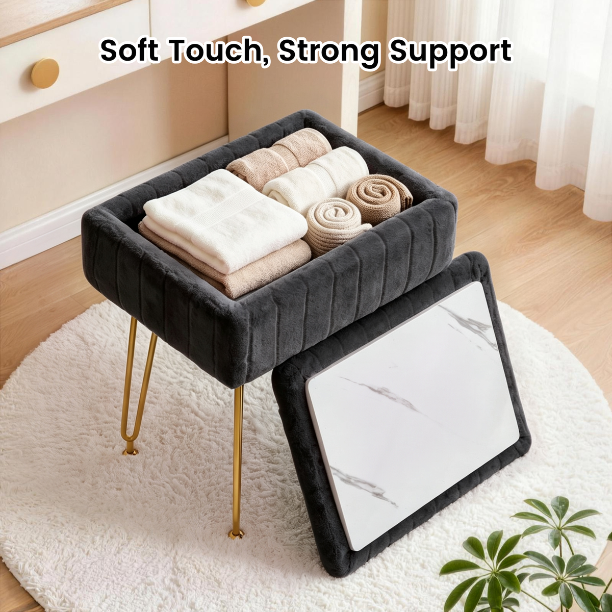 Kbun Faux Fur Vanity Stool with Storage, Makeup Ottoman Chair with Upholstered Seat, Metal Legs & Anti-Slip Feet for Bedroom, Living Room, Black
