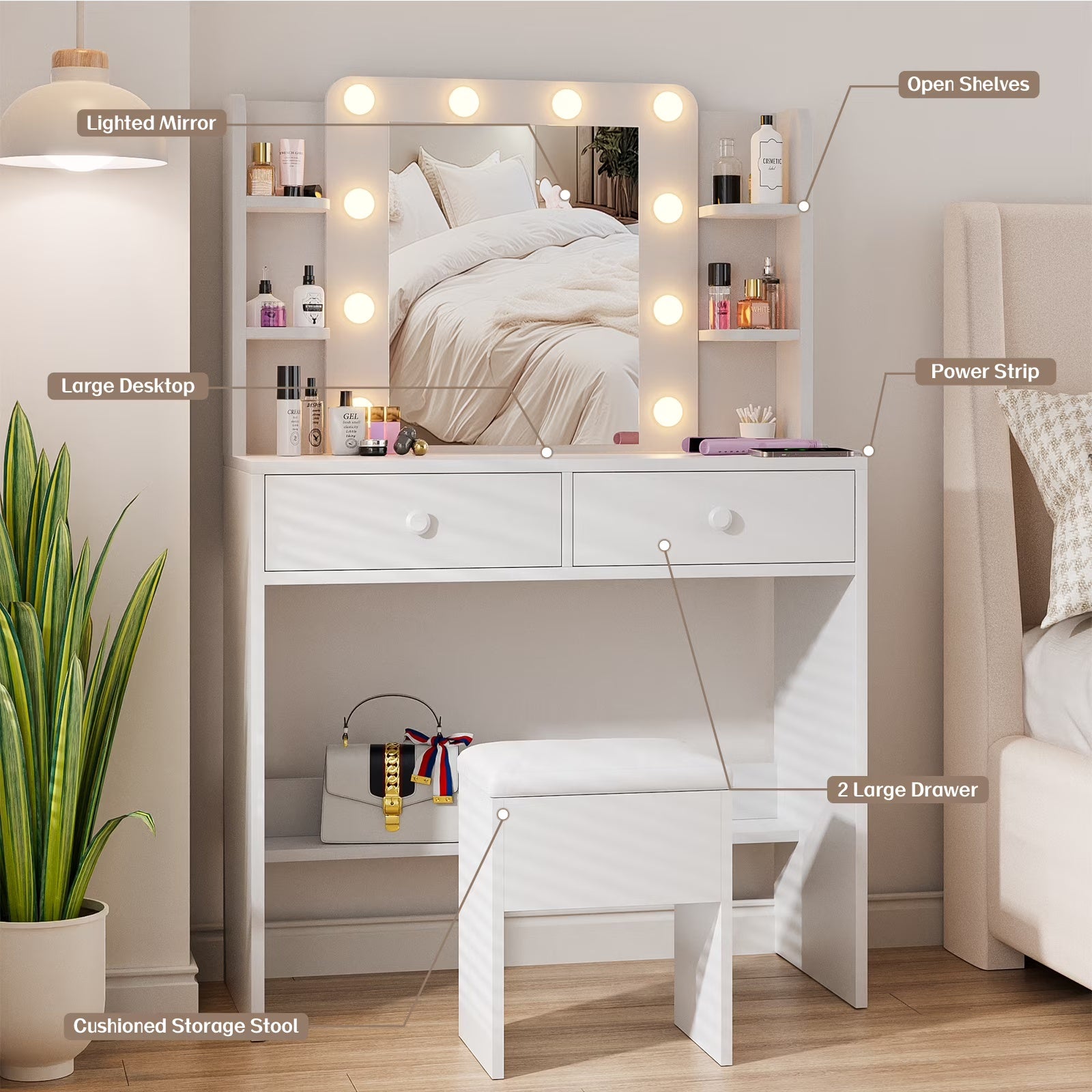 Bexfil Makeup Vanity Desk With Mirror And Lights, With Large Drawer and 6 Open Level Storage, Large Led Mirror With 3 Color Lighting Modes