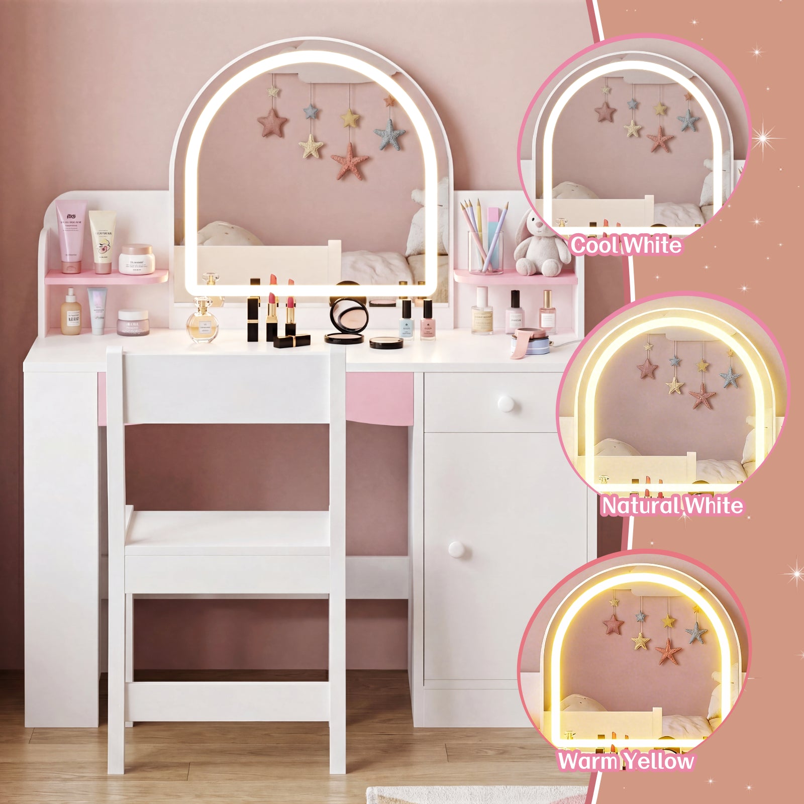 Kbun 35 in Wooden Kids' Vanity Set, Princess Style Dressing Table, Stool, and Furniture Set for Girls Ideal Birthday Gift ,White
