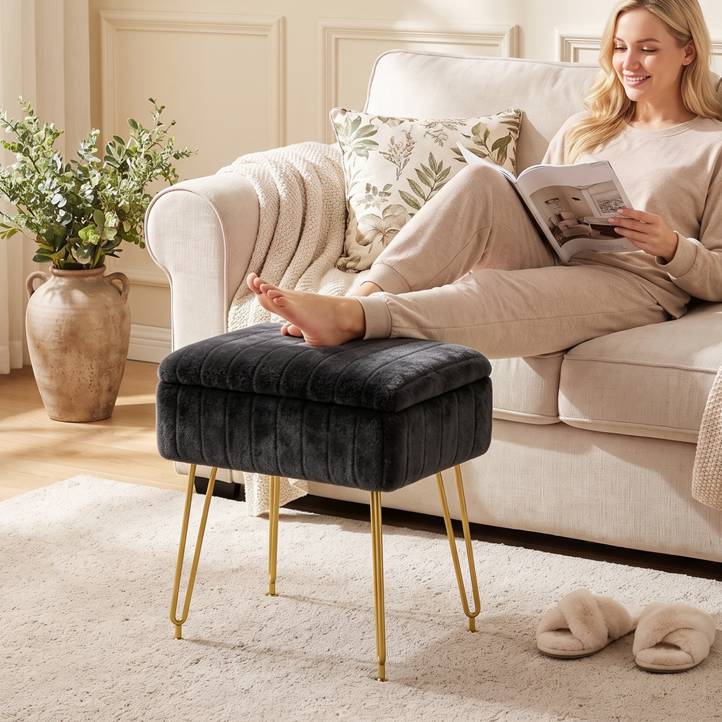 Kbun Faux Fur Vanity Stool with Storage, Makeup Ottoman Chair with Upholstered Seat, Metal Legs & Anti-Slip Feet for Bedroom, Living Room, Black