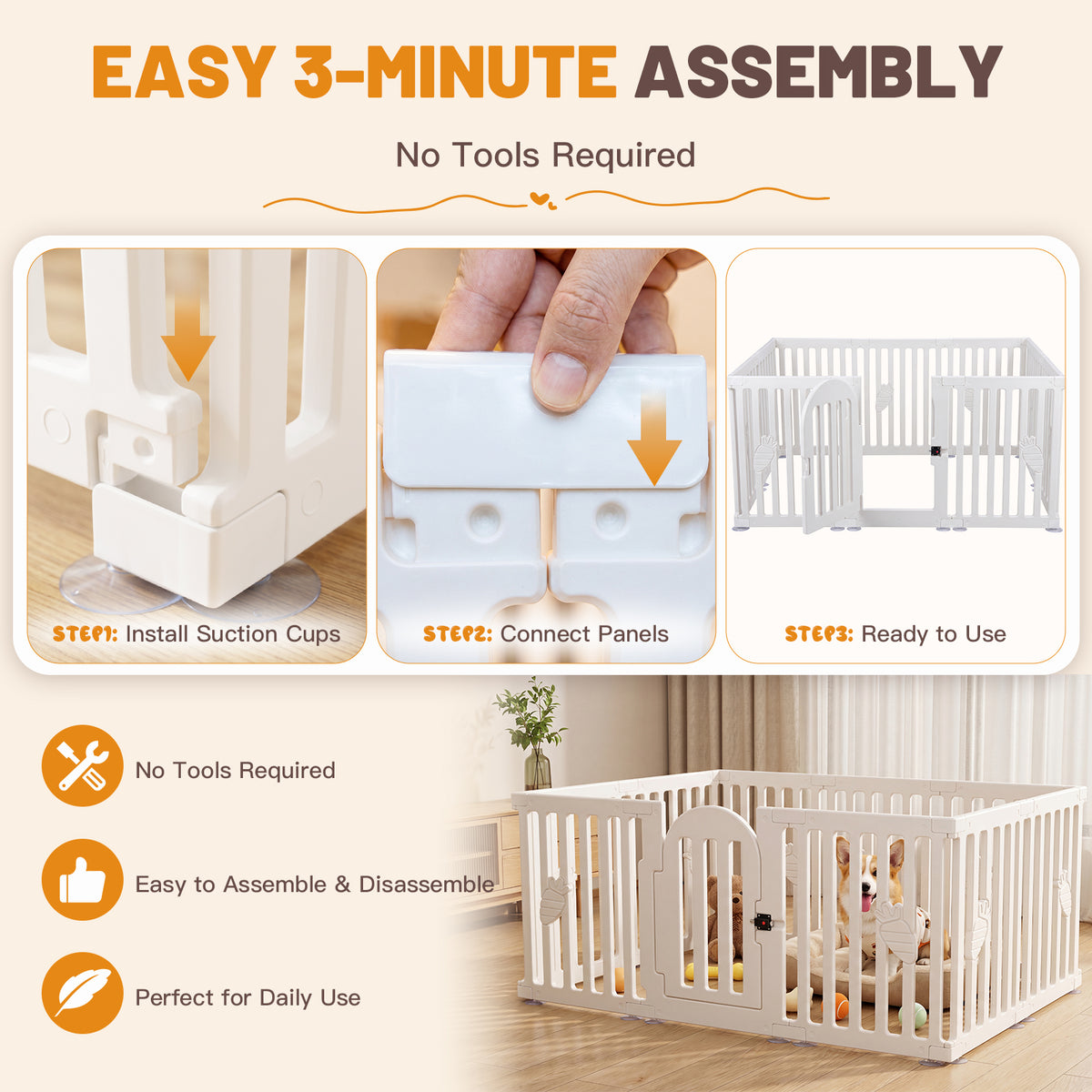 Ferhtm 10-Panel Indoor Dog Playpen with Door, 25.6" Tall Plastic Puppy Fence & Pet Corral for Small Dogs, Cats, Rabbits - Easy Assembly Portable Exercise Pen