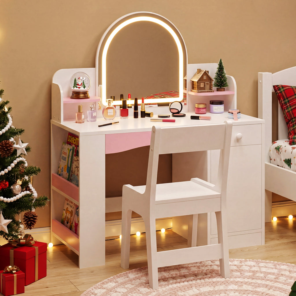 Kbun 35 in Wooden Kids' Vanity Set, Princess Style Dressing Table, Stool, and Furniture Set for Girls Ideal Birthday Gift ,White