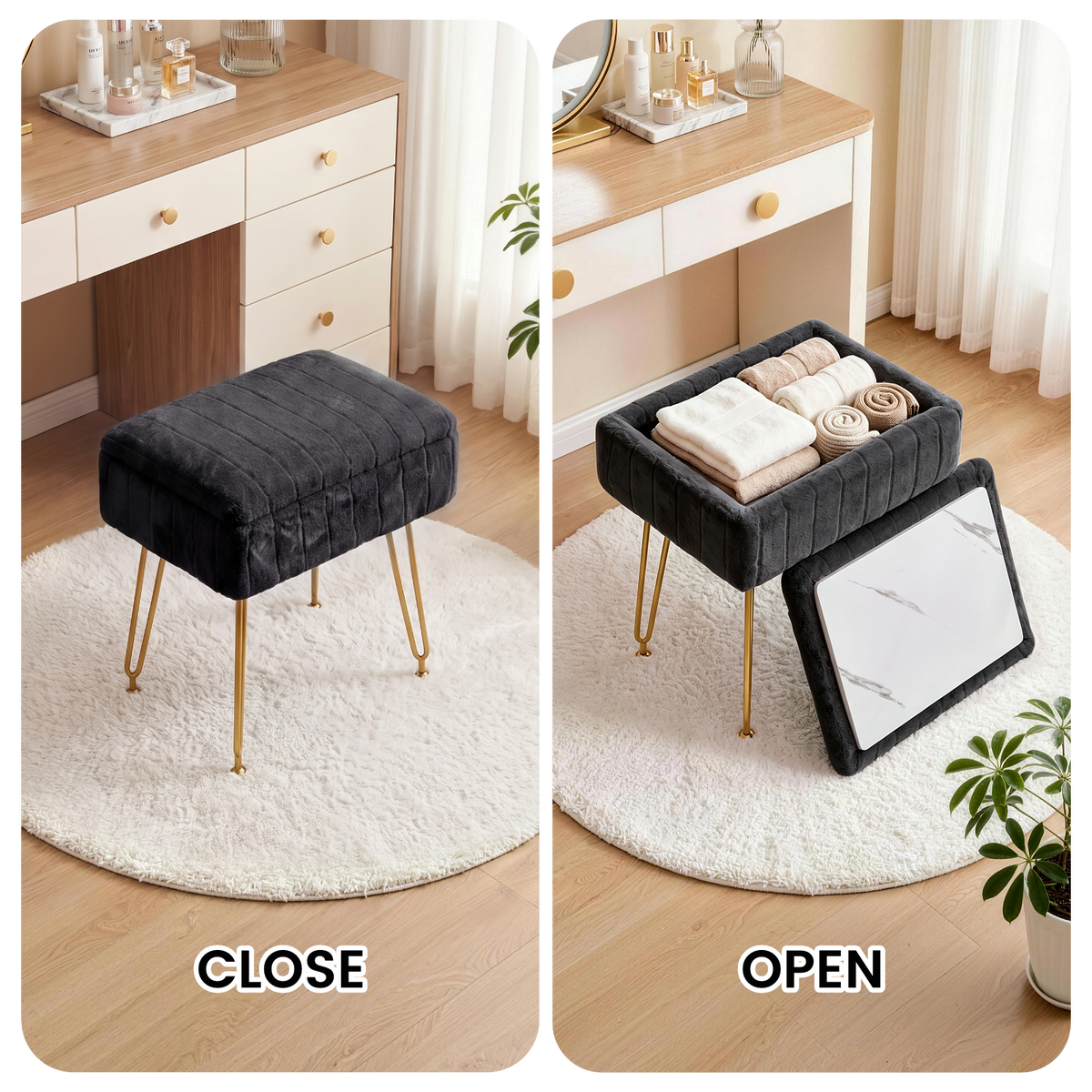 Kbun Faux Fur Vanity Stool with Storage, Makeup Ottoman Chair with Upholstered Seat, Metal Legs & Anti-Slip Feet for Bedroom, Living Room, Black