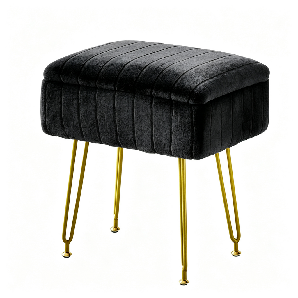 Kbun Faux Fur Vanity Stool with Storage, Makeup Ottoman Chair with Upholstered Seat, Metal Legs & Anti-Slip Feet for Bedroom, Living Room, Black