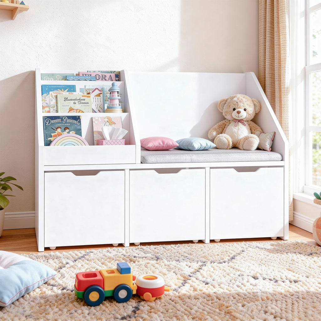 Bexfil Kids Bookshelf with Reading Nook and 3 Drawers, Reading Bench Bookshelf, Kids Bookcase 3-in-1 Storage Organizer Cozy Built-in Seat