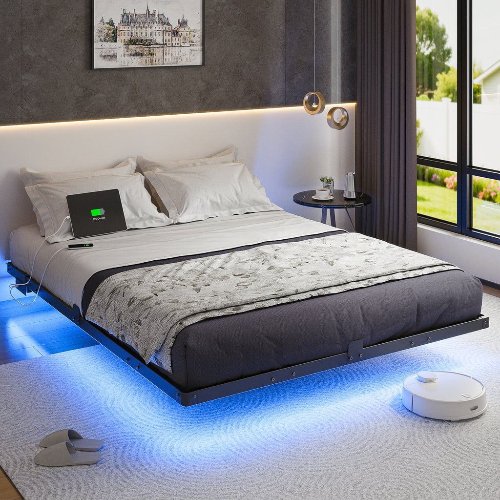 Kbun Queen Floating Bed Frame with Smart LED Lights and Charging Station, Heavy Duty Metal Platform Bed Frame, Noise-Free, Under-Bed Storage, No Box Spring Needed