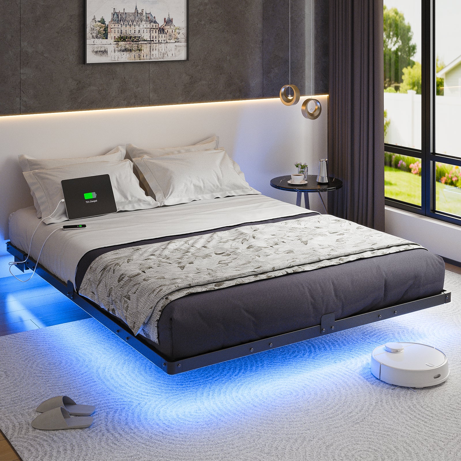 Kbun Queen Floating Bed Frame with Smart LED Lights and Charging Station, Heavy Duty Metal Platform Bed Frame, Noise-Free, Under-Bed Storage, No Box Spring Needed
