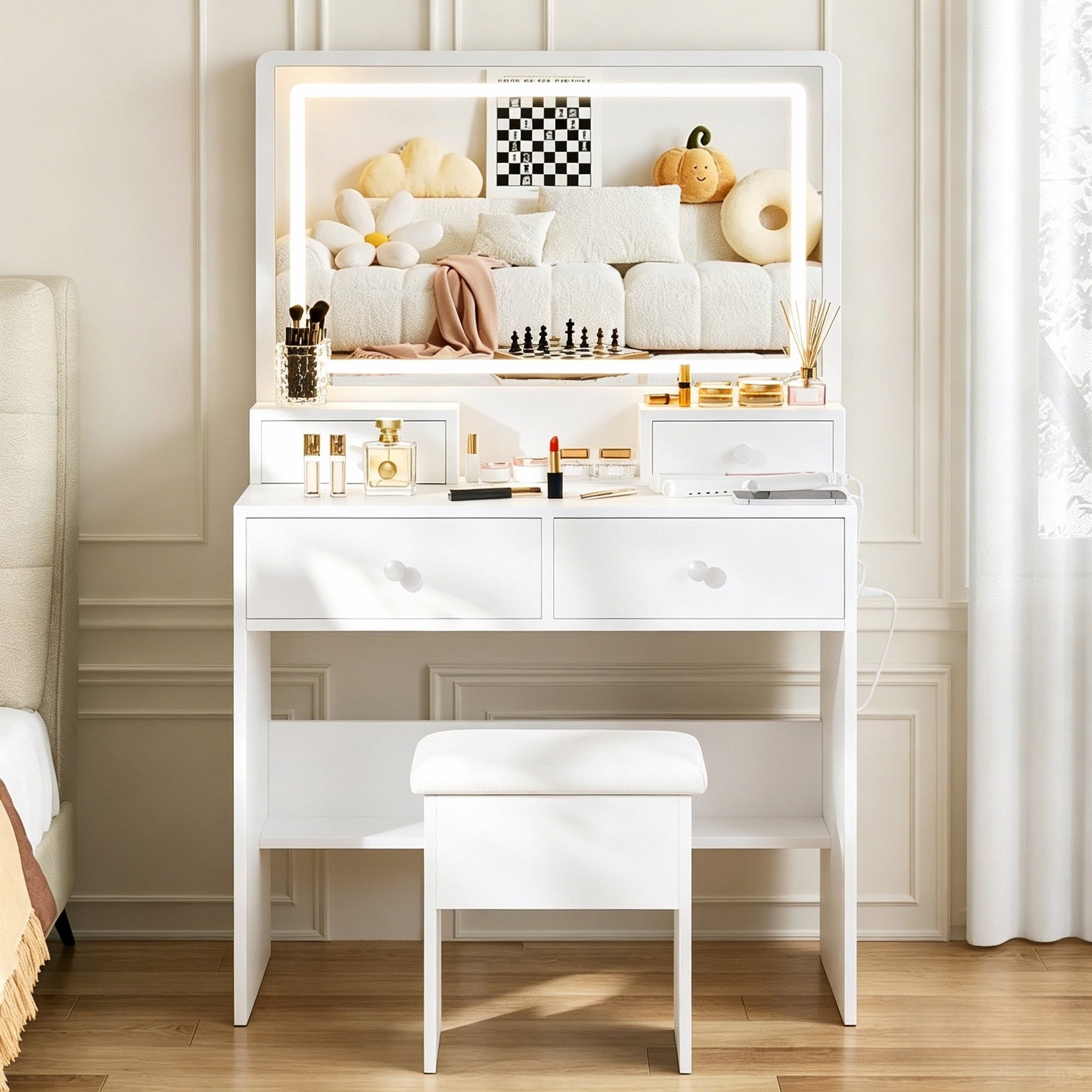 Bexfil White Vanity Desk Set With Led Lighted Mirror and Power Outlet, Makeup Table Top with 1 Open Bookcases, 4 Drawers, Dresser Table for Bedroom, Checkroom