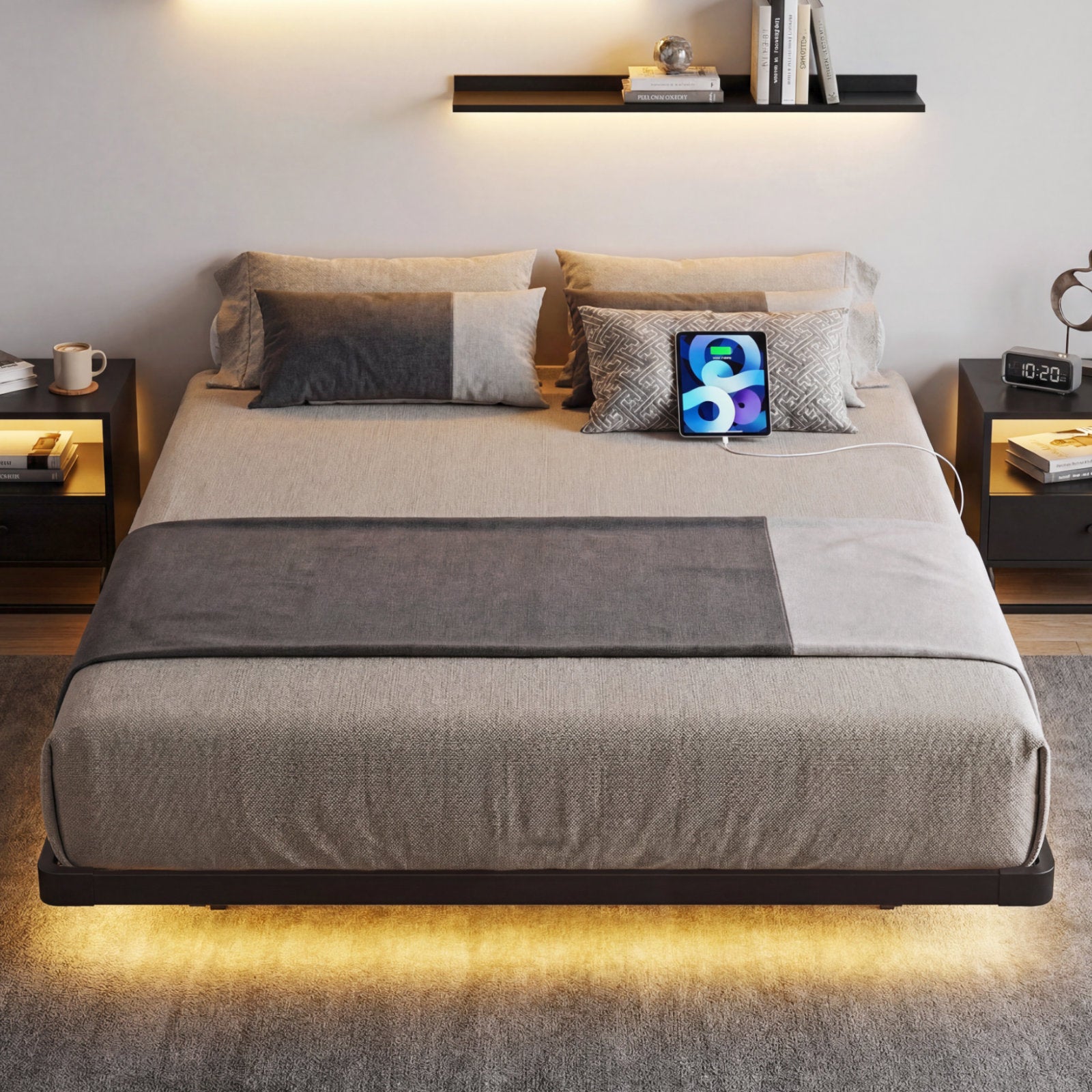 Bexfil Modern Floating Queen Size Bed Frame with LED Lights, Sturdy Metal Platform Bed with Round Safety Corners and Mattress Stabilizers, 1000lbs Heavy Duty Support, Easy Assembly