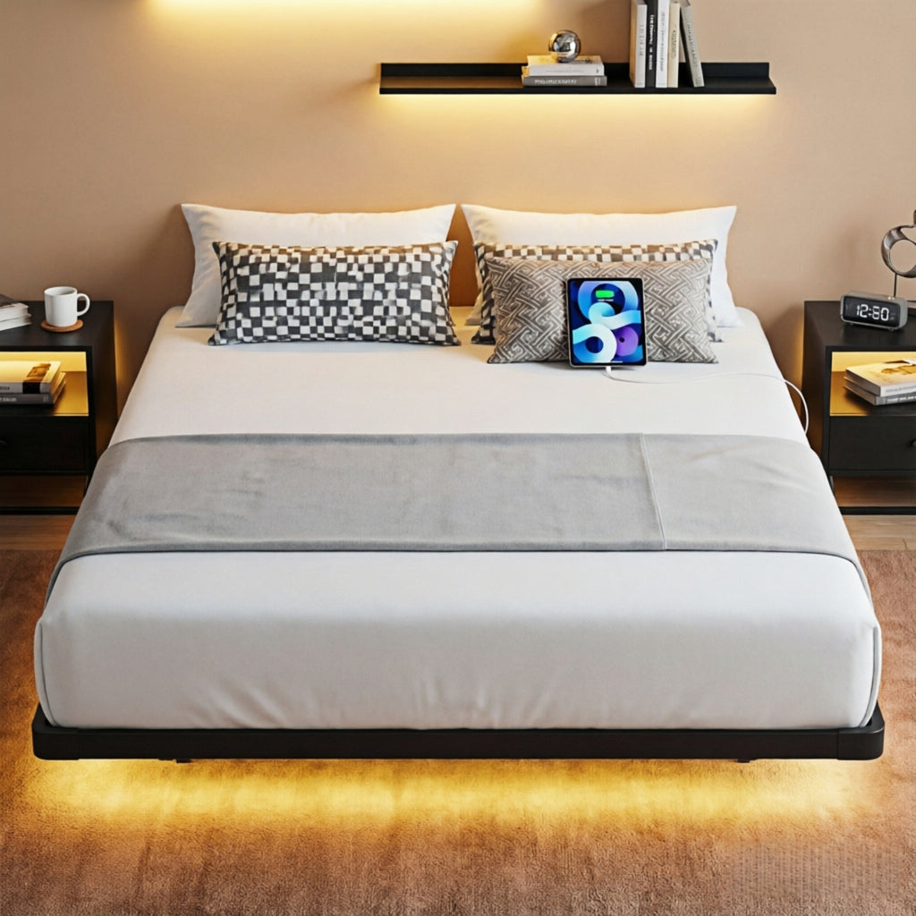 Dayago King Size Floating Platform Bed Frame with LED Lights, Charging Station, Sturdy Metal Platform Bed with Round Safety Corners and Mattress Stabilizers, 900lbs Heavy Duty Support, Easy Assembly