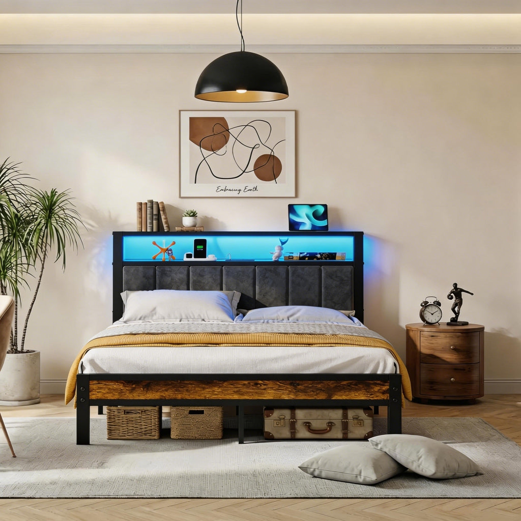 Bexfil Upholstered Full Size Bed Frame with LED Lights Charging Station Shelf Headboard Heavy Duty Metal Platform Bed, Noise Free,Brown
