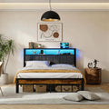 Bexfil Upholstered Full Size Bed Frame with LED Lights Charging Station Shelf Headboard Heavy Duty Metal Platform Bed, Noise Free,Brown