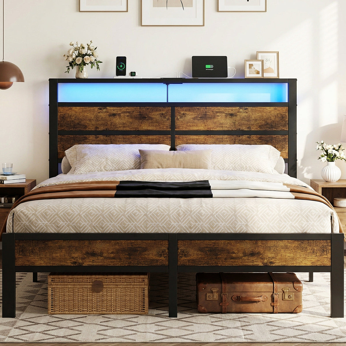 Kbun Queen Size Bed Frame with Headboard, LED Lights & Charging Station, No Box Spring Needed, Noise-Free, Easy Assembly