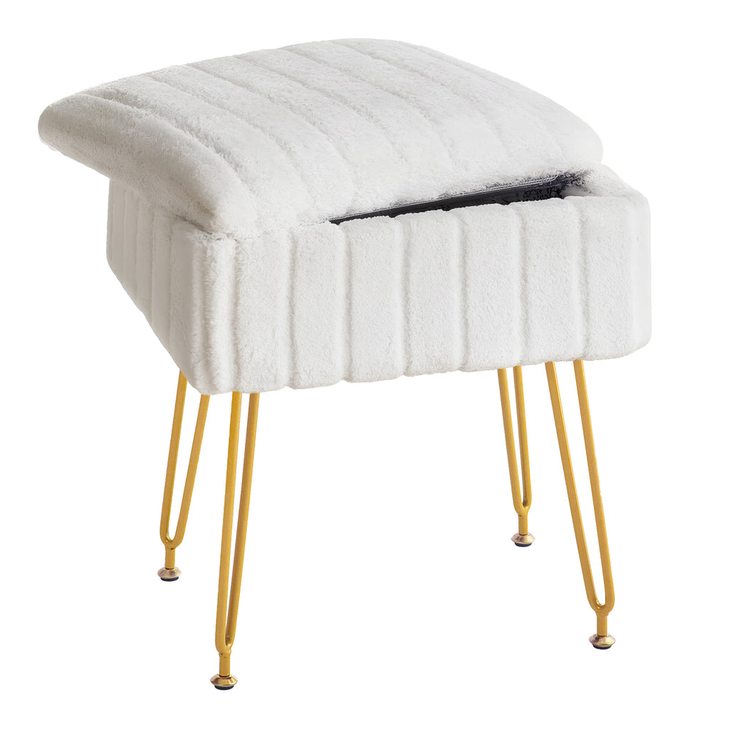 Kbun Faux Fur Vanity Stool with Storage, Makeup Ottoman Chair with Upholstered Seat, Metal Legs & Anti-Slip Feet for Bedroom, Living Room, White
