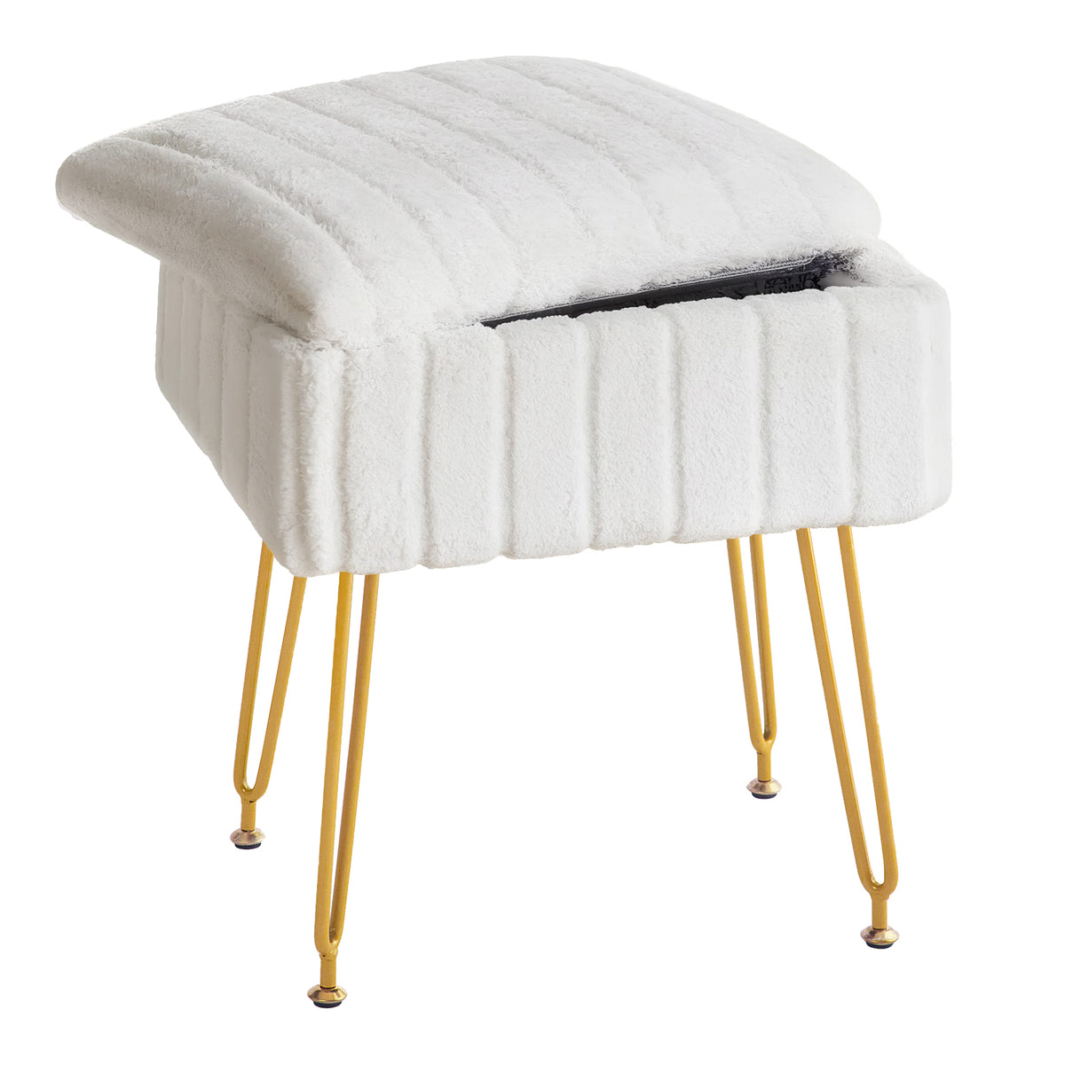 Kbun Faux Fur Vanity Stool with Storage, Makeup Ottoman Chair with Upholstered Seat, Metal Legs & Anti-Slip Feet for Bedroom, Living Room, White