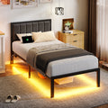 Kbun Metal Platform Bed Frame, Twin Bed Frame with Upholstered Headboard, Charage Station and LED Light Strip, Under-Bed Storage, No Box Spring Needed, Easy Assembly, Gray