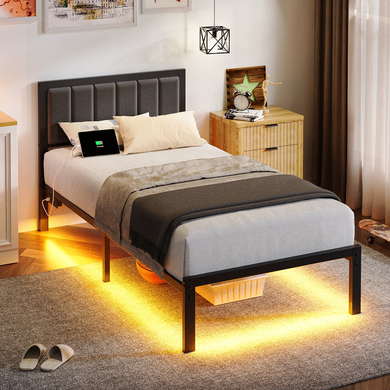Kbun Metal Platform Bed Frame, Twin Bed Frame with Upholstered Headboard, Charage Station and LED Light Strip, Under-Bed Storage, No Box Spring Needed, Easy Assembly, Gray