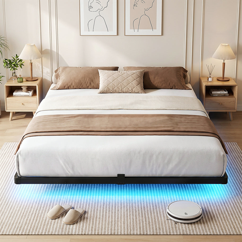 Bexfil King Size LED Floating Bed Frame with Remote Control and Charging Station, No Box Spring Needed, Easy to Assemble