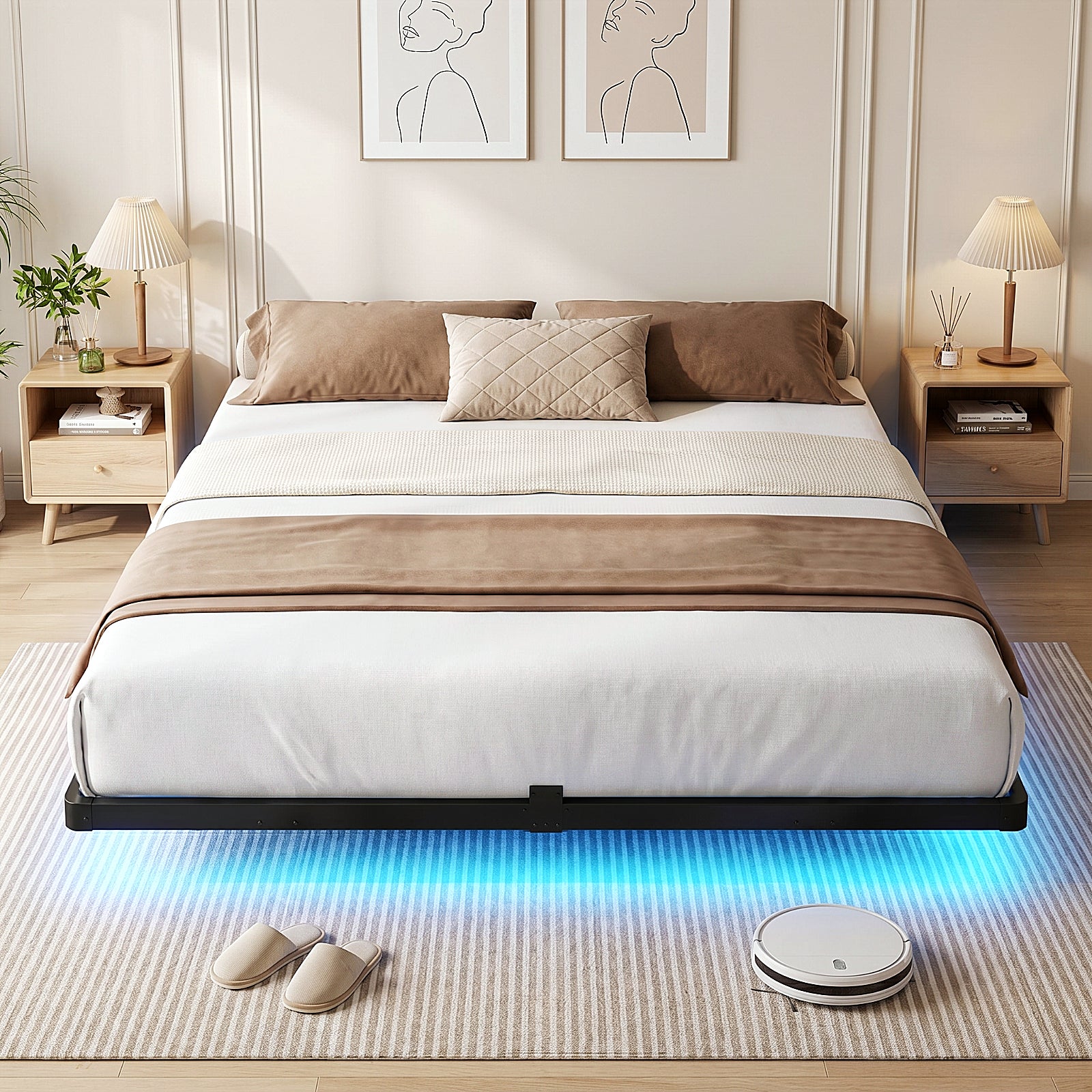 Bexfil King Size LED Floating Bed Frame with Remote Control and Charging Station, No Box Spring Needed, Easy to Assemble