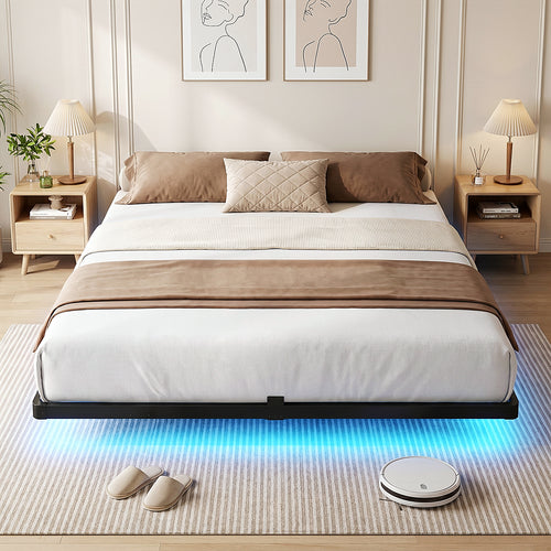 Bexfil King Size LED Floating Bed Frame with Remote Control and Charging Station, No Box Spring Needed, Easy to Assemble