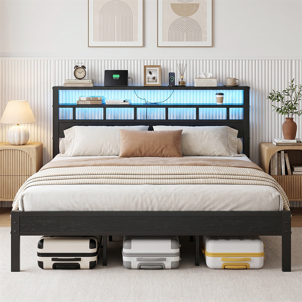 Bexfil King Bed Frame with Storage Headboard and LED Light, Metal Platform Bed Station with Charging Station & LED, Noise-Free, No Box Spring Needed