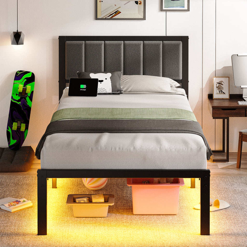 Dayago Twin Size Bed Frame with Upholstered Headboard, Adjustable LED Lights and Power Outlet, No Box Spring Required