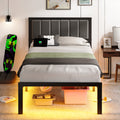 Dayago Twin Size Bed Frame with Upholstered Headboard, Adjustable LED Lights and Power Outlet, No Box Spring Required