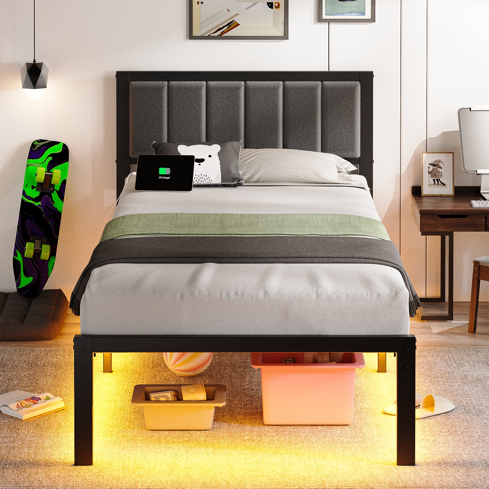 Dayago Twin Size Bed Frame with Upholstered Headboard, Adjustable LED Lights and Power Outlet, No Box Spring Required