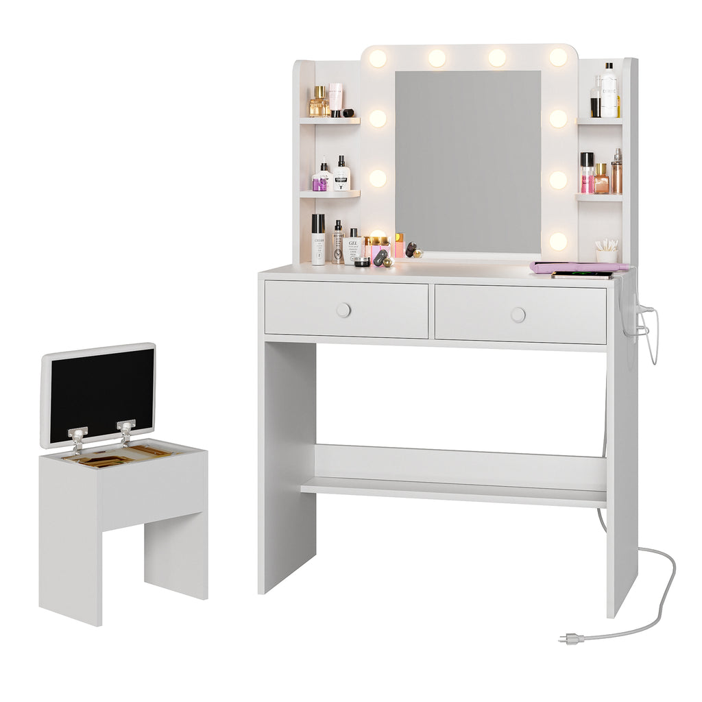Haewon White Vanity Desk with Mirror and Lights, Makeup Vanity with 10 LED Bulbs and 3 Color Modes, Dressing Table Set with Power Outlets, Storage Drawers and Chair for Bedroom