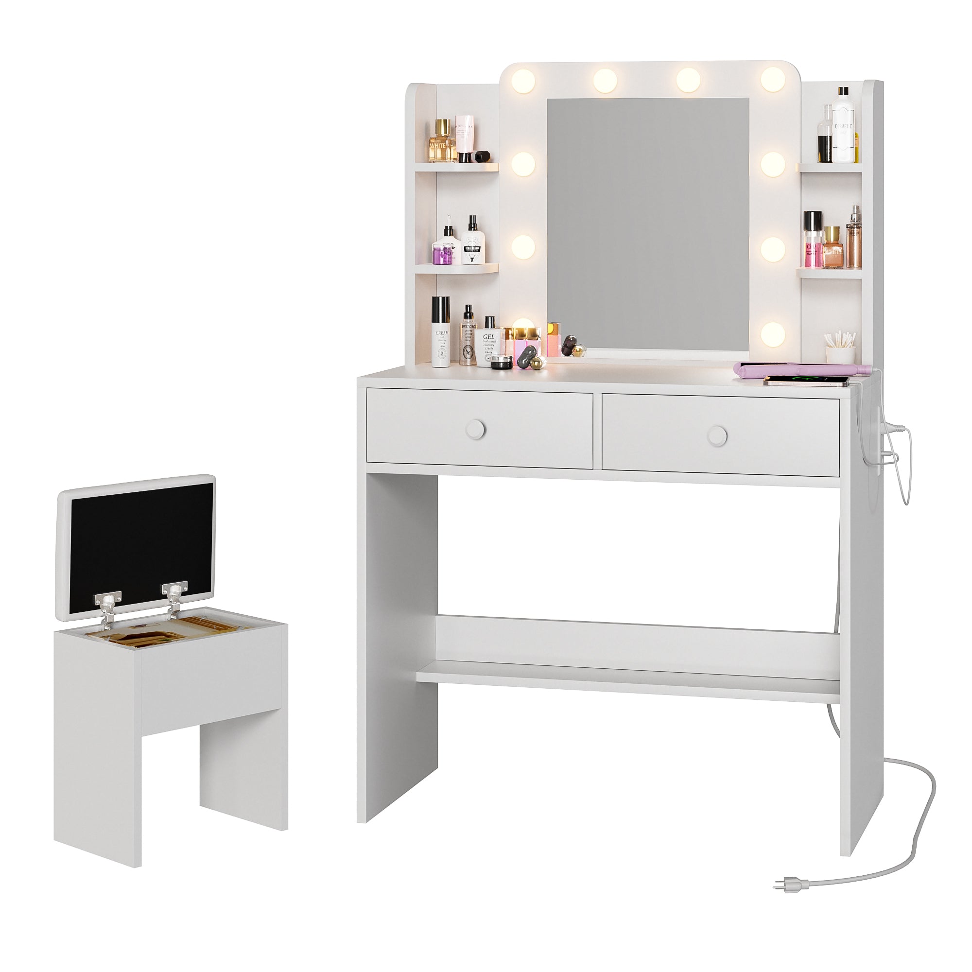 Haewon White Vanity Desk with Mirror and Lights, Makeup Vanity with 10 LED Bulbs and 3 Color Modes, Dressing Table Set with Power Outlets, Storage Drawers and Chair for Bedroom