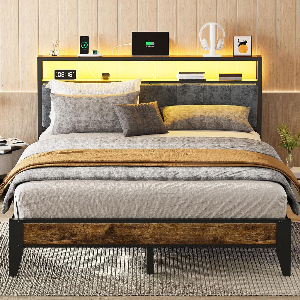 OLEVS Queen Size Bed Frame with Charging Station & LED Light, 2-Tier Storage Headboard & Footboard, Noise-Free Metal Platform Bed No Box Spring Needed, Easy Assembly