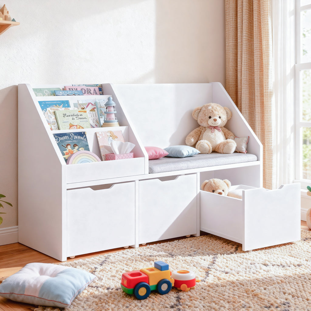 Bexfil Kids Bookshelf with Reading Nook and 3 Drawers, Reading Bench Bookshelf, Kids Bookcase 3-in-1 Storage Organizer Cozy Built-in Seat