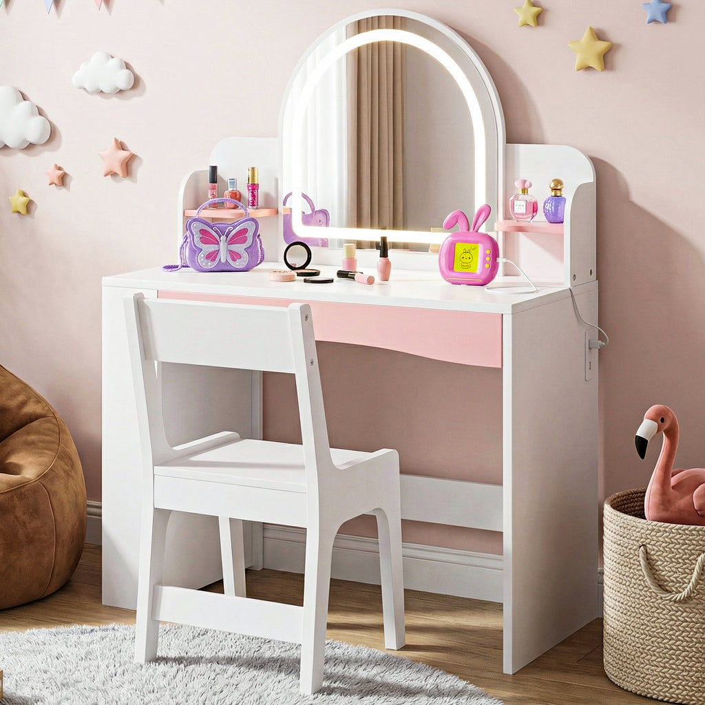 Bexfil Toddler Vanity with Lights and Chair Set, Kids LED Makeup Table with Adjustable Brightness & 3 Lighting Modes, Open Shelves and Bookshelf for Bedroom, Children's Study