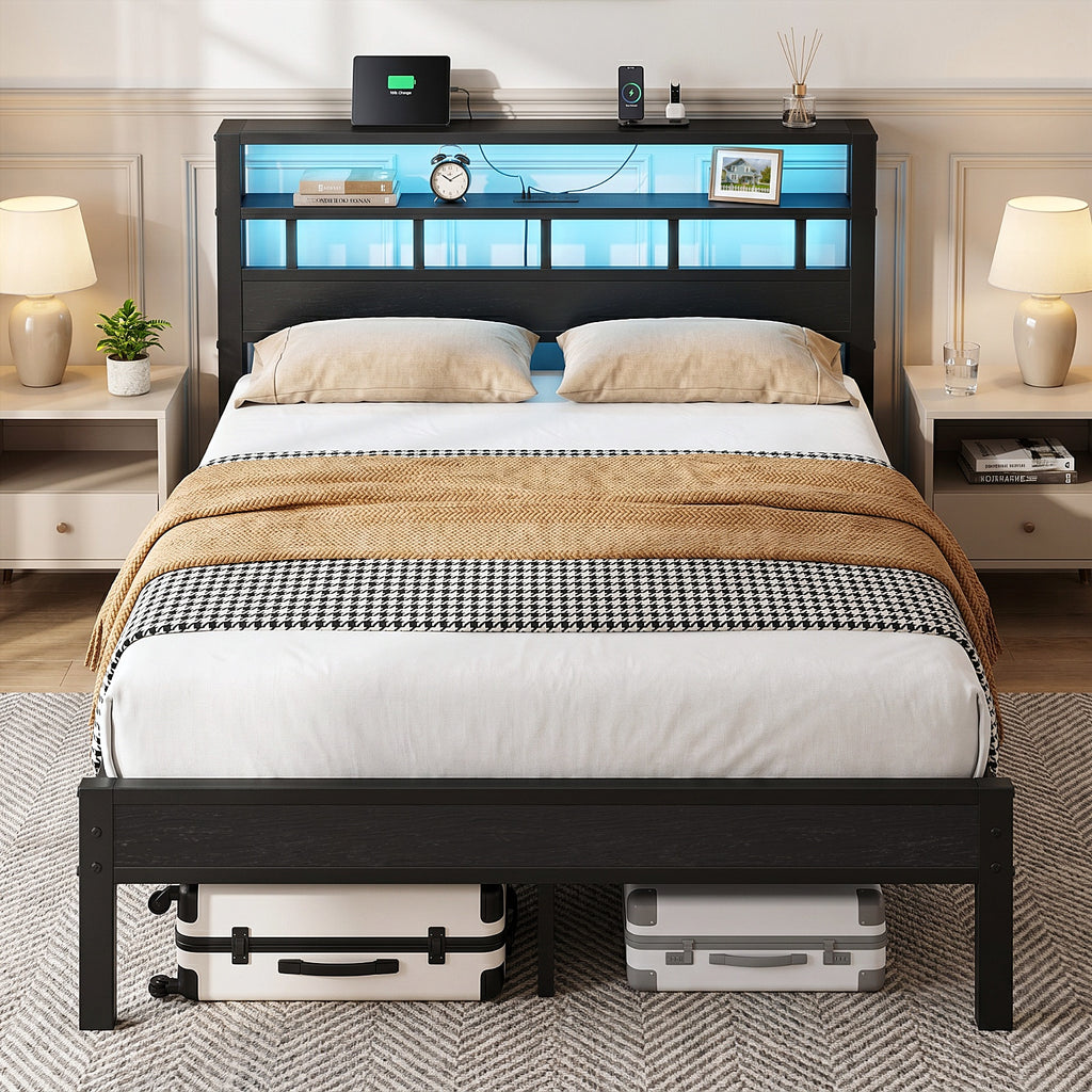 Bexfil Queen Bed Frame with Storage Headboard and LED Light, Metal Platform Bed Station with Charging Station & LED, Noise-Free, No Box Spring Needed