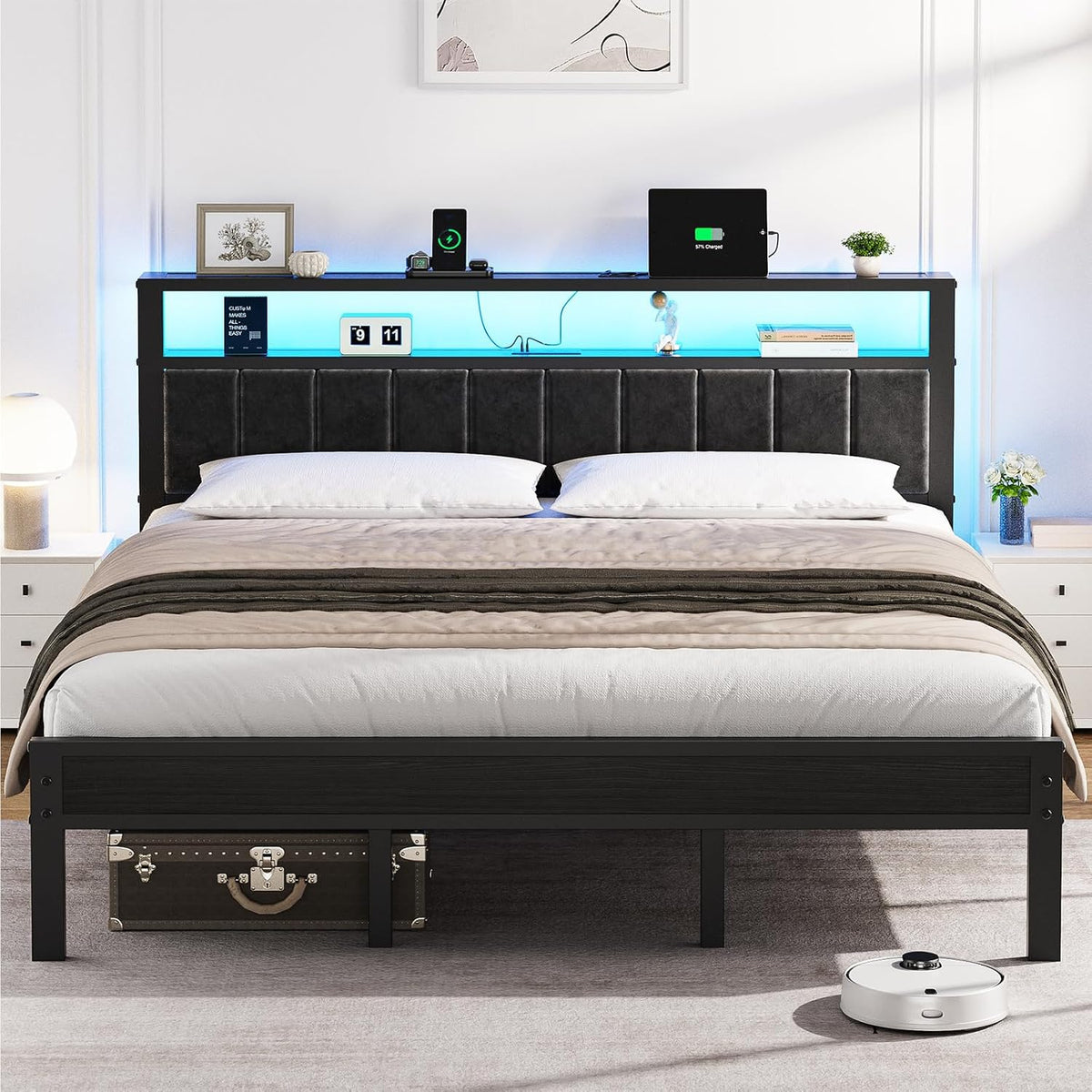 OLEVS King Bed Frame with Charging Station & LED Lights Modern Platform Bed| Upholstered 2-Tier Storage Headboard, No Box Spring Needed, Noise Free
