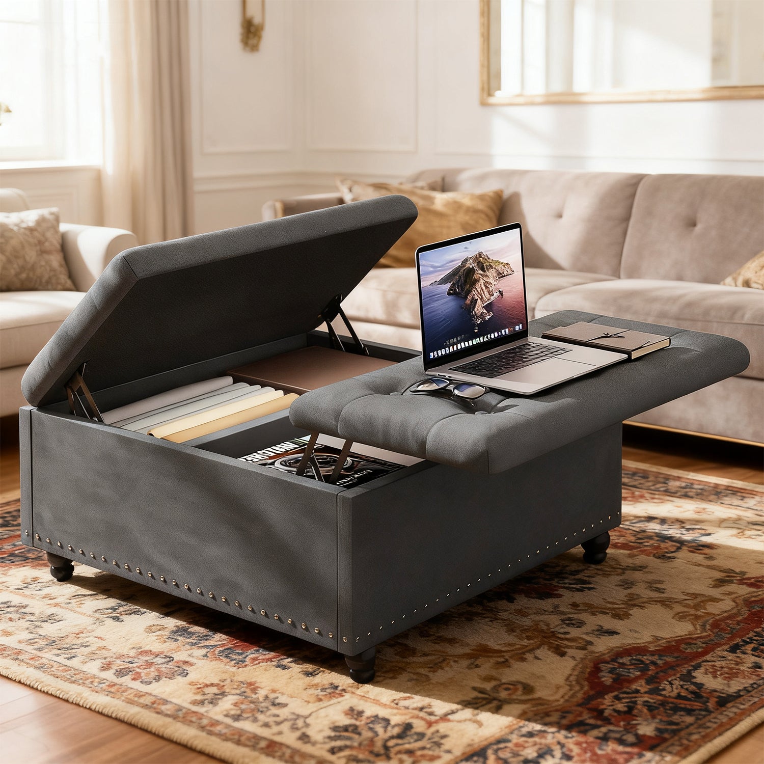 Kbun 33.5 inch Large Square Storage Ottoman, Tufted Upholstered Coffee Table with Lift Top & Solid Wood Legs, Oversized Storage Bench Ottomans Toy Box for Bedroom, Living Room, Entryway, Grey