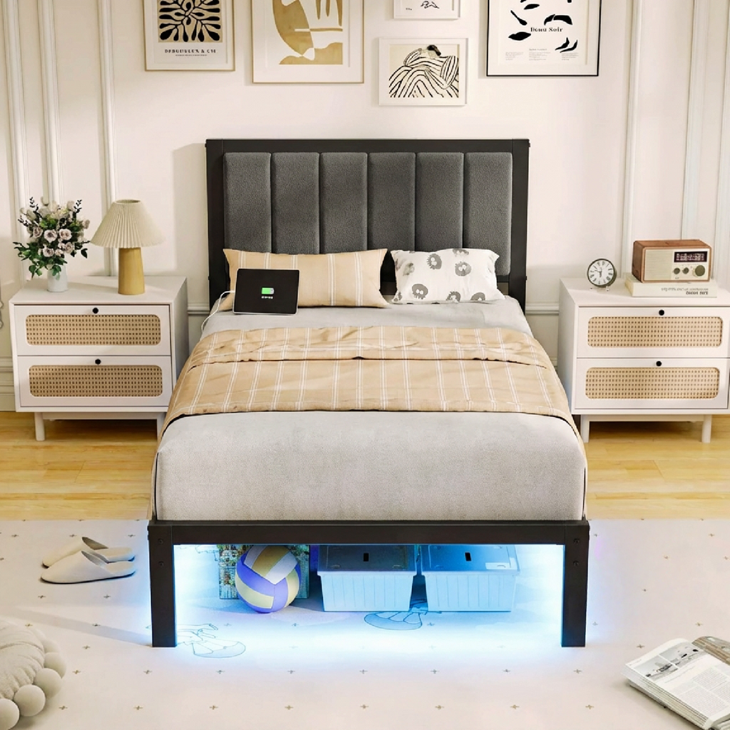 Bexfil Twin Size Upholstered Bed Frame with Metal Slat Support, Metal Platform Bed Frame Charging Station Mattress Foundation, Gray