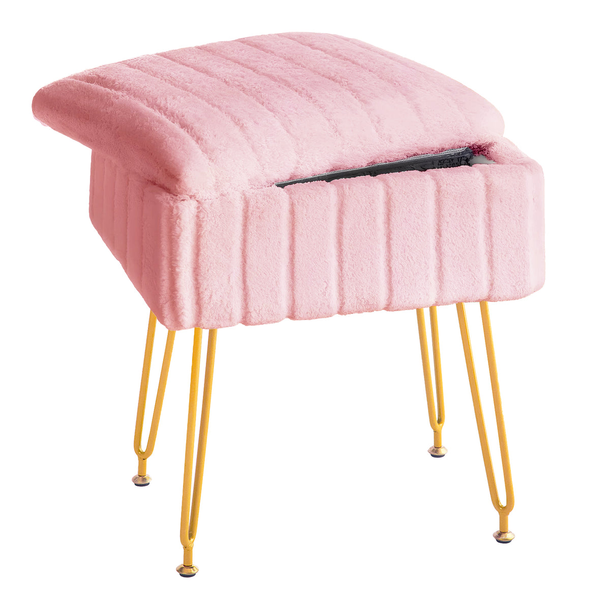 Kbun Faux Fur Vanity Stool with Storage, Makeup Ottoman Chair with Upholstered Seat, Metal Legs & Anti-Slip Feet for Bedroom, Living Room, Pink