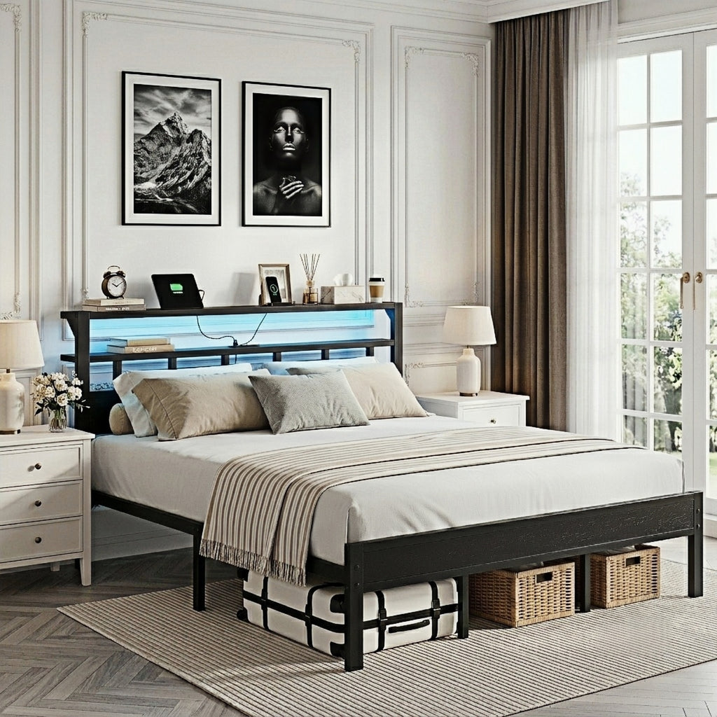 Kbun King Size LED Metal Bed Frame with 2-Tier Storage Headboard and Charging Station,No Box Spring Needed, Easy Assembly, Black