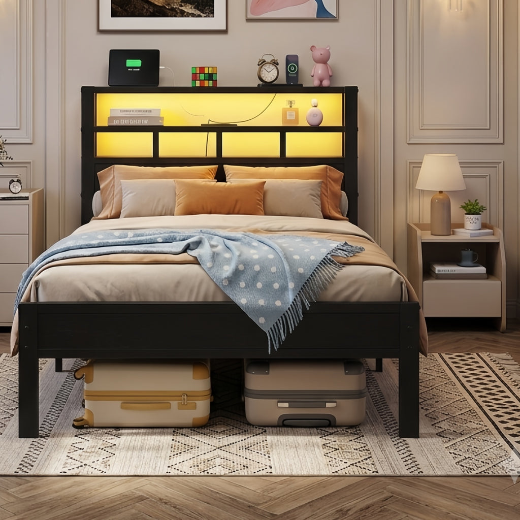 Kbun Twin Size LED Metal Bed Frame with 2-Tier Storage Headboard and Charging Station,No Box Spring Needed, Easy Assembly, Black