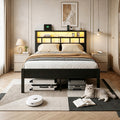 Kbun Full Size LED Metal Bed Frame with 2-Tier Storage Headboard and Charging Station,No Box Spring Needed, Easy Assembly, Black