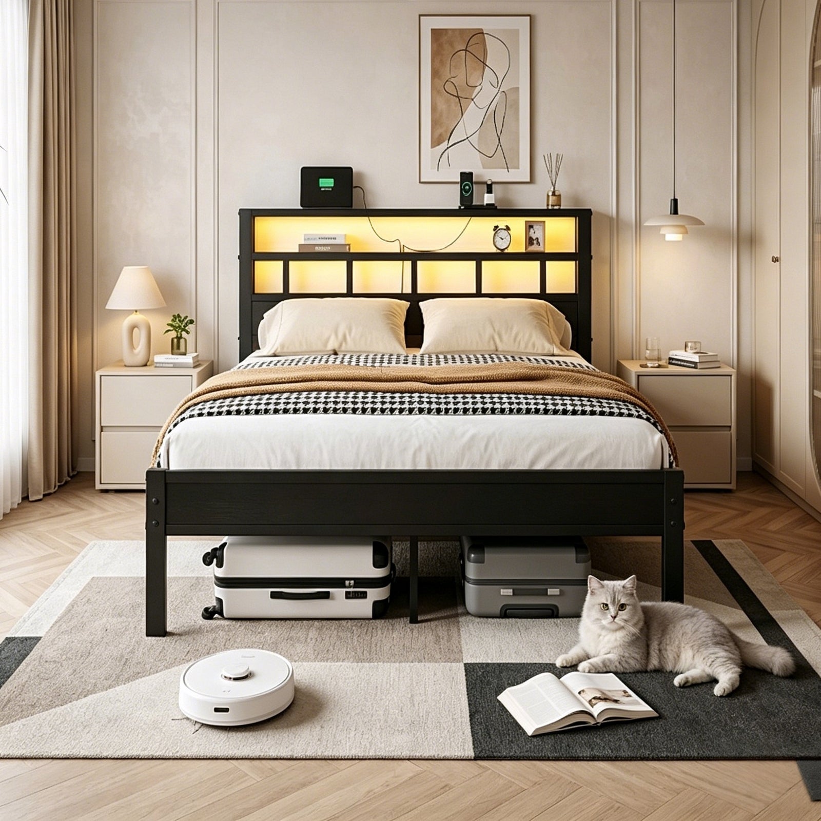 Kbun Full Size LED Metal Bed Frame with 2-Tier Storage Headboard and Charging Station,No Box Spring Needed, Easy Assembly, Black