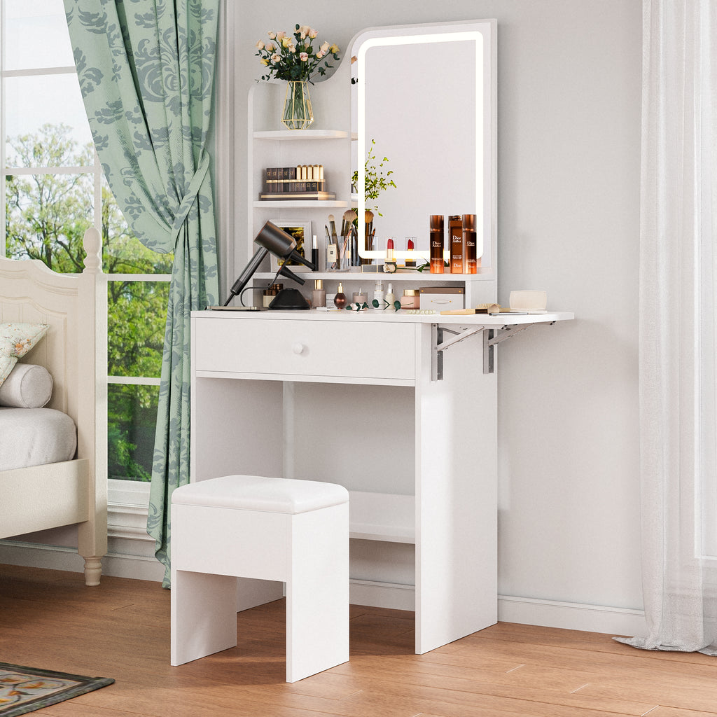 Haewon 25.4" White Small Vanity Desk with LED Light Mirror & Power Outlet , Makeup Vanity with Foldable Panel, Vanity Set with Stool for Bedroom, White
