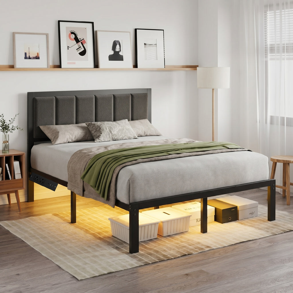 Bexfil Queen Size Upholstered Bed Frame with Metal Slat Support, Metal Platform Bed Frame Charging Station Mattress Foundation, Gray
