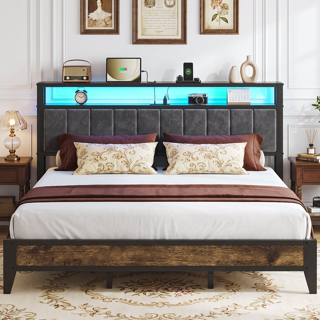 Bexfil King Size Bed Frame with LED Light, Charging Station and Storage Wood Headboard, Platform Bed Frames Weight Capacity of 1400 lbs for Bedroom (80.9‘'x80''Mattress )