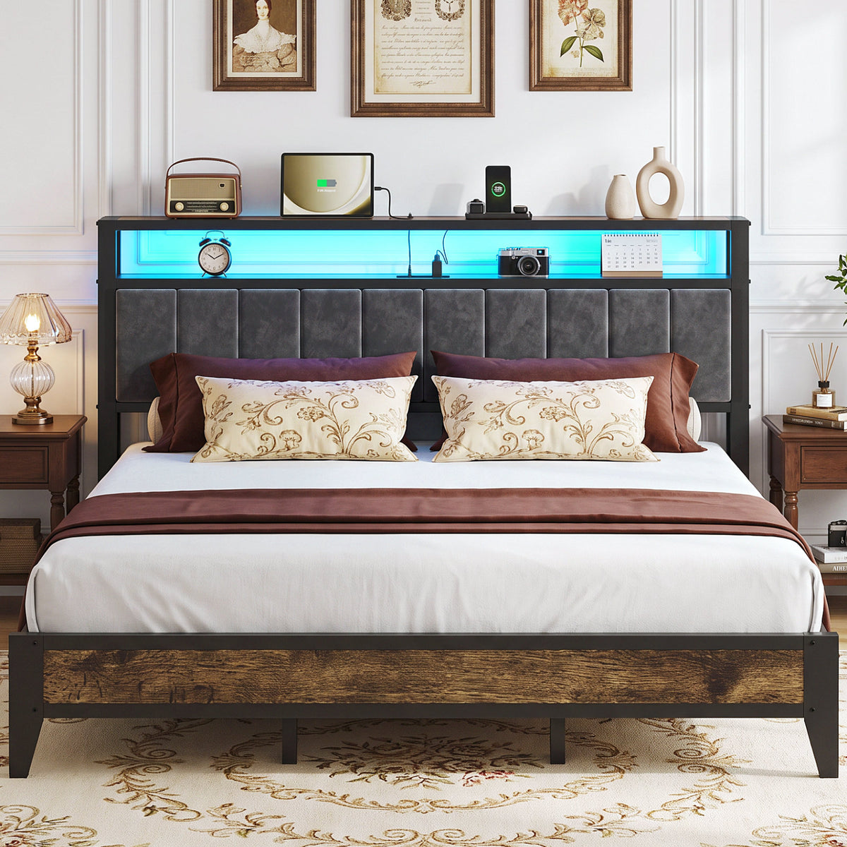 Bexfil King Size Bed Frame with LED Light, Charging Station and Storage Wood Headboard, Platform Bed Frames Weight Capacity of 1400 lbs for Bedroom (80.9‘'x80''Mattress )