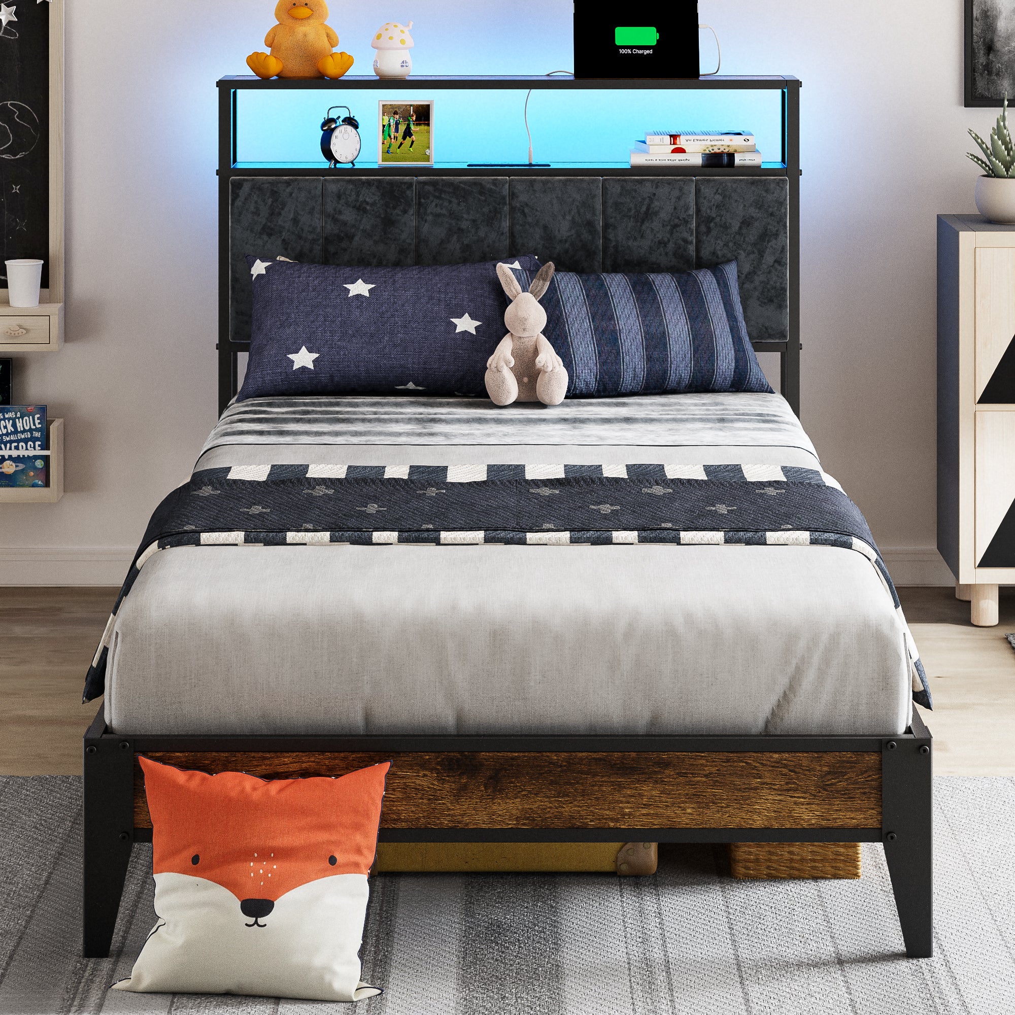 Dayago Twin Size Bed Frame, Storage Headboard with Charging Station, Solid and Stable, Noise Free, No Box Spring Needed, Easy Assembly, Rustic Brown