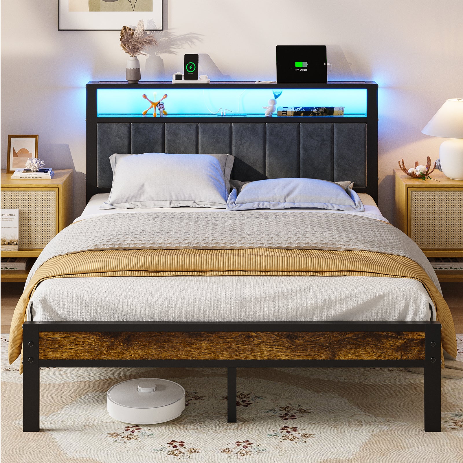 Kbun Queen Bed Frame with Storage Shelves & LED Light Headboard, Metal Platform Bed Frame with USB and Type-C Charging Station, No Box Spring Needed