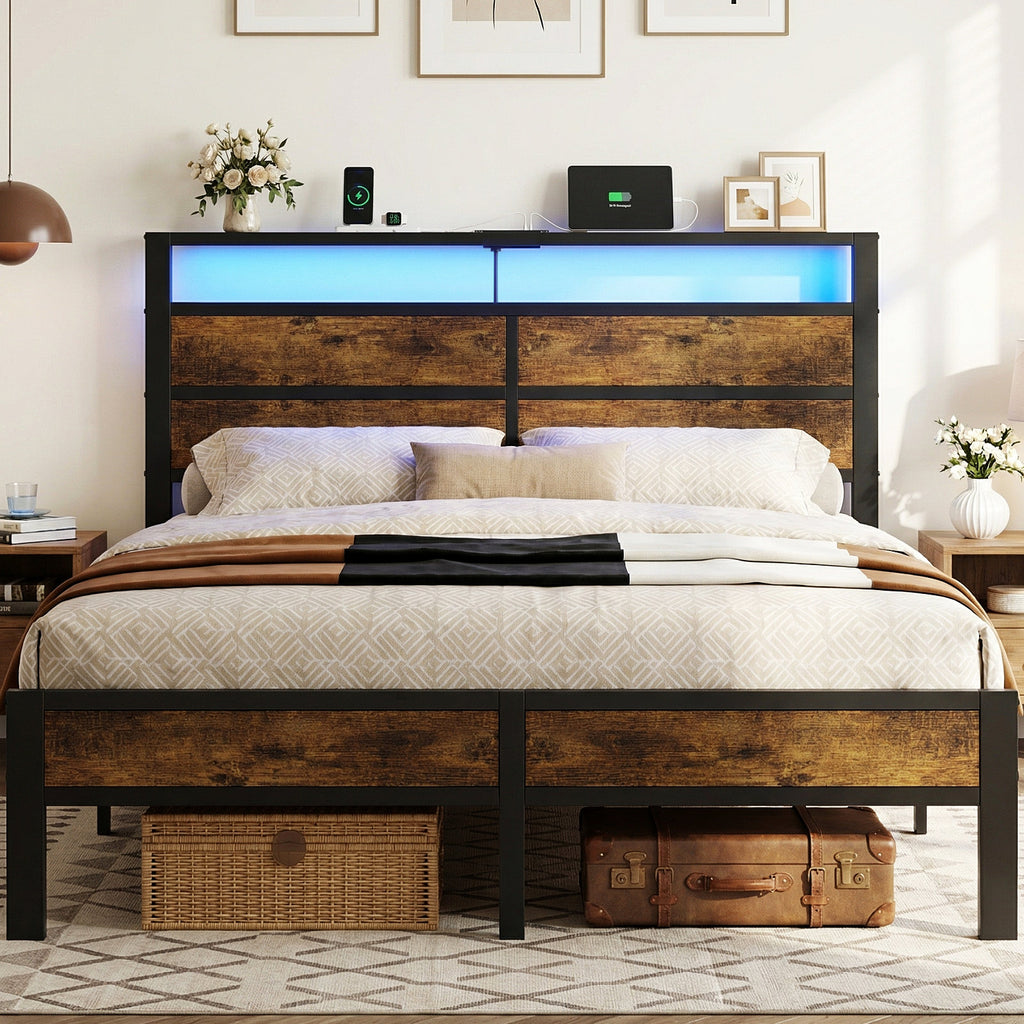 Dayago Full Bed Frames with Charging Station and LED Lights, Full Size Wood Headboard Platform Bed with Metal Slats, No Box Spring Needed and Noise Free, Brown Oak