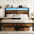 Dayago Full Bed Frames with Charging Station and LED Lights, Full Size Wood Headboard Platform Bed with Metal Slats, No Box Spring Needed and Noise Free, Brown Oak